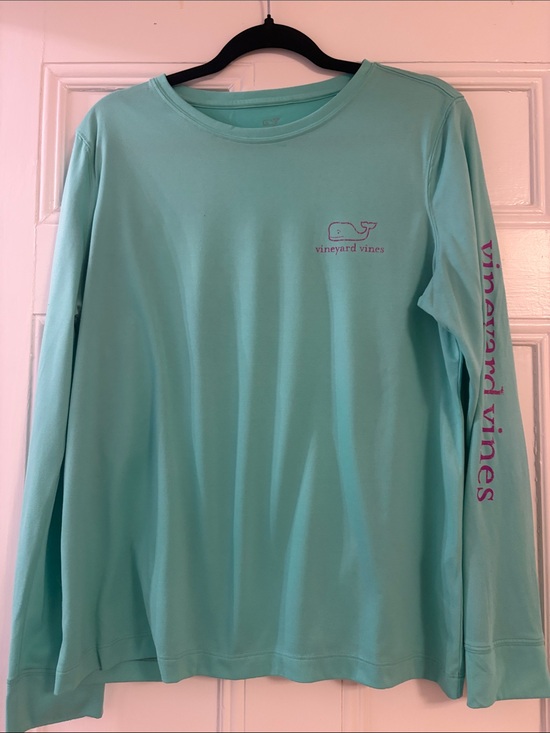 Vineyard Vines Tops - Vineyard Vines Aqua Performance Long Sleeve Tee with Purple Logo